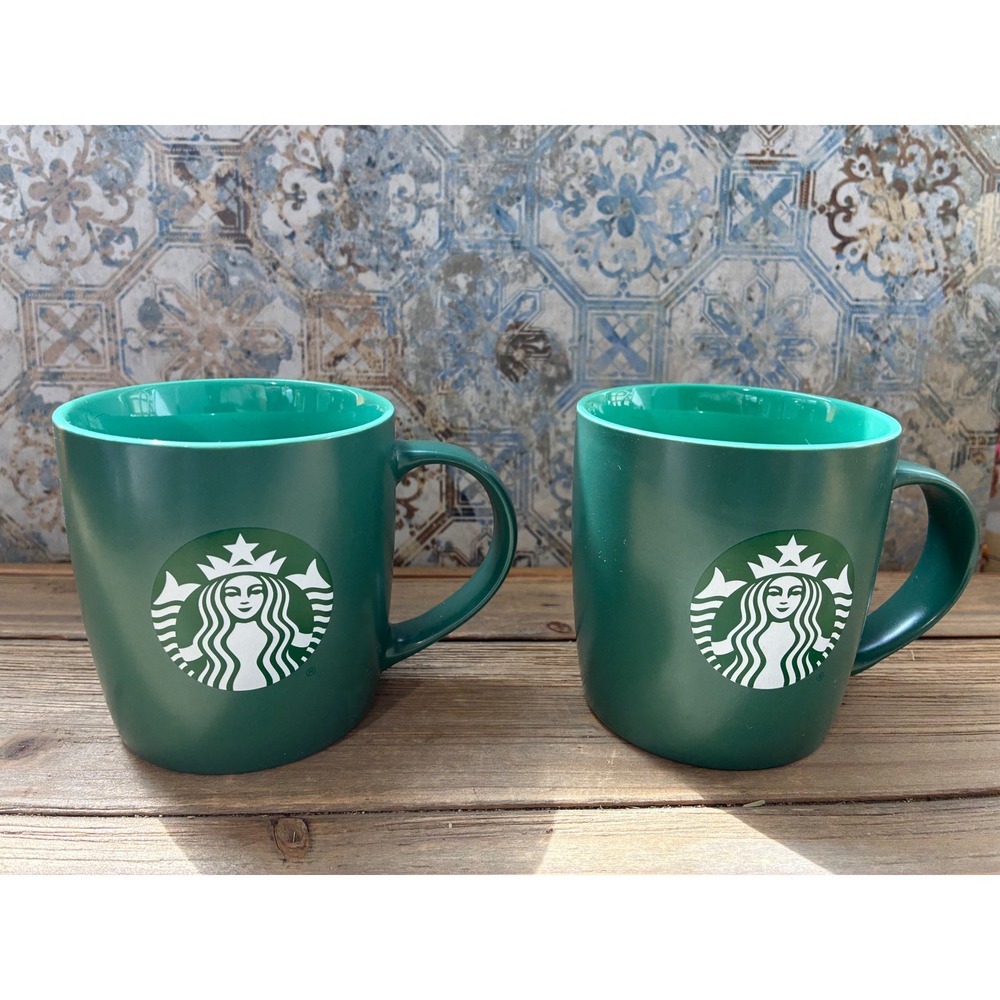 Starbucks Coffee Mug Set 2 Forest Green Teal Siren Logo 11oz Ceramic 2024 Mugs